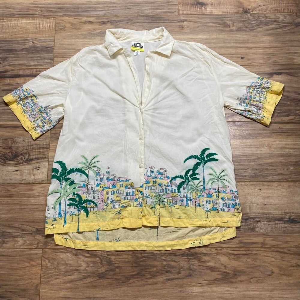 Women’s Future Collective Short Sleeve Button Up Shirt with City & Palm Trees Be